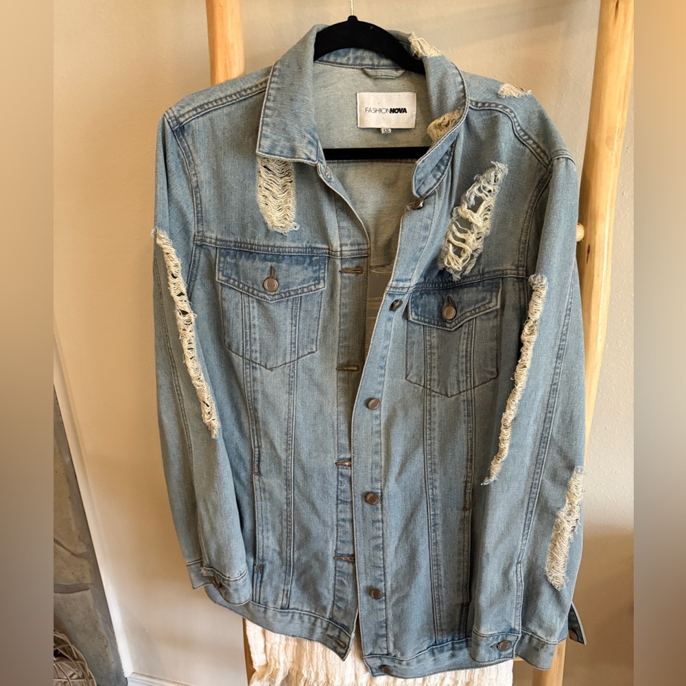 Fashion Nova Light Blue Ripped Denim Jacket